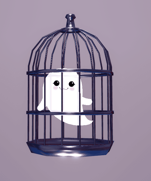 ghostie friend in a cage